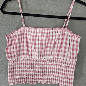 American Eagle Women XS Crop Top Shirt Pink Gingham Plaid Sweetheart Cottagecore